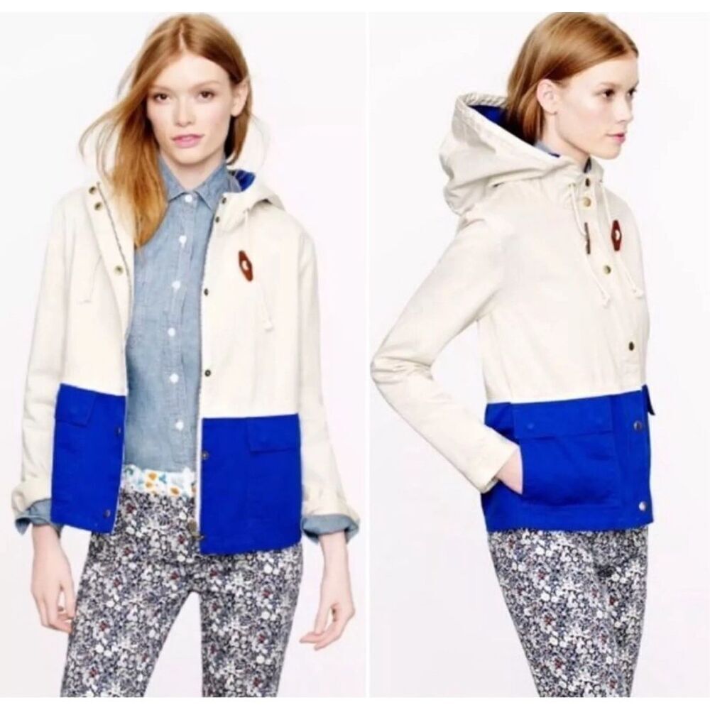 J. Crew Womens Colorblock Cotton Canvas Anorak Hooded Sail Jacket Beige Blue XXS